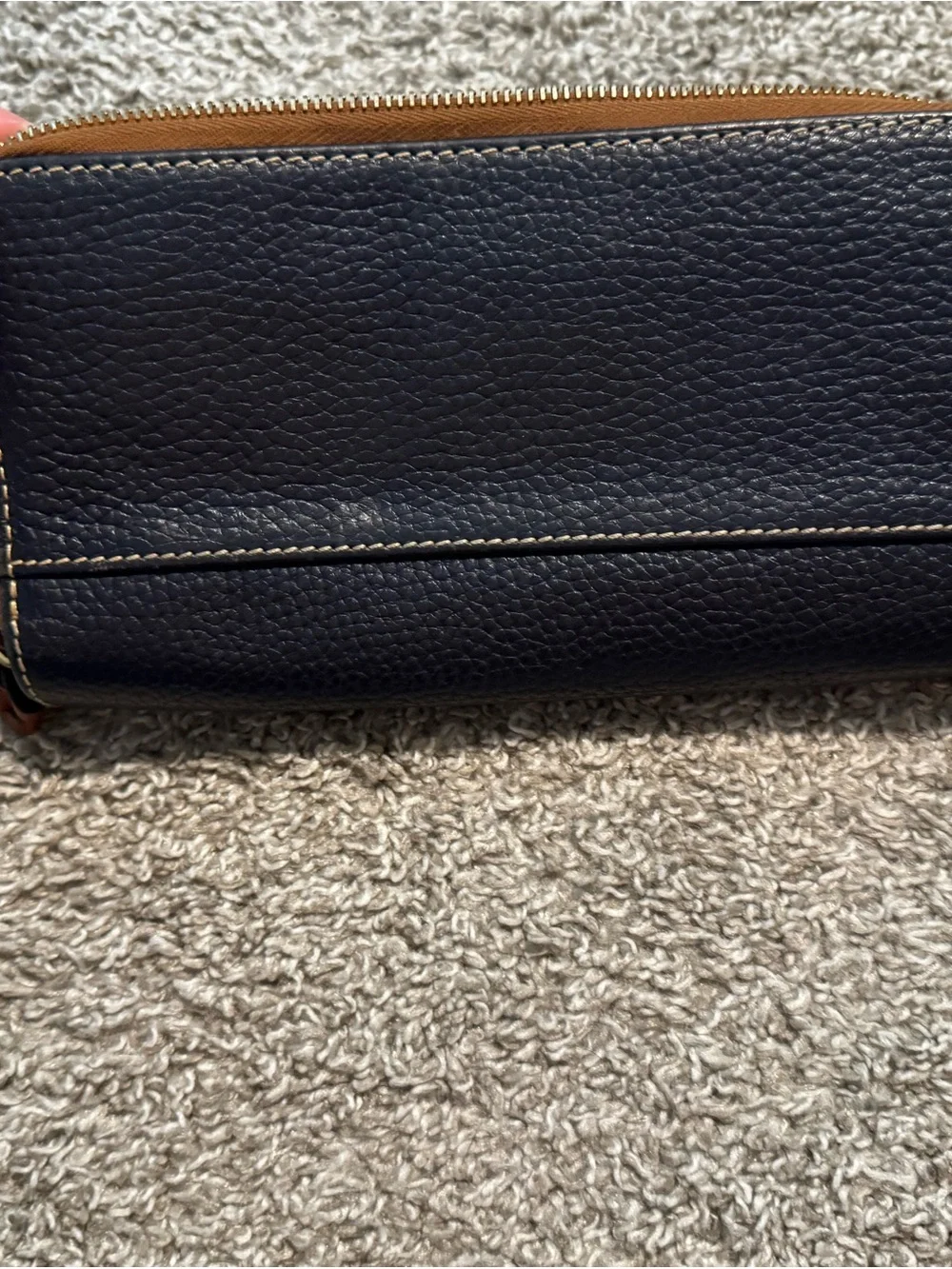 Dooney & Bourke Navy Pebbled Leather Zip Wristlet with Brown Trim